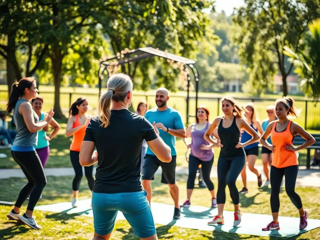 A coach leading a group fitness class outdoors, with participants actively engaged, demonstrating the personalized coaching and supportive environment of NEW DREAM COTE D'AZUR's group training sessions.