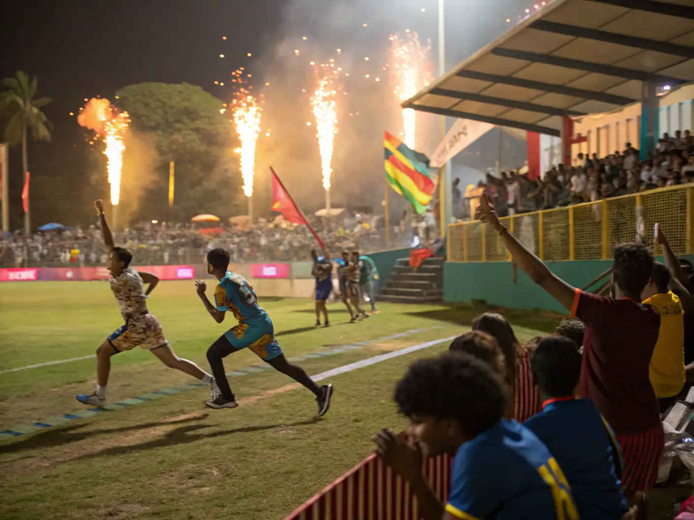 An energetic group participating in a sports event outdoors, with scenic backgrounds and diverse activities, showcasing the vibrant atmosphere of NEW DREAM COTE D'AZUR's sports events and trips.