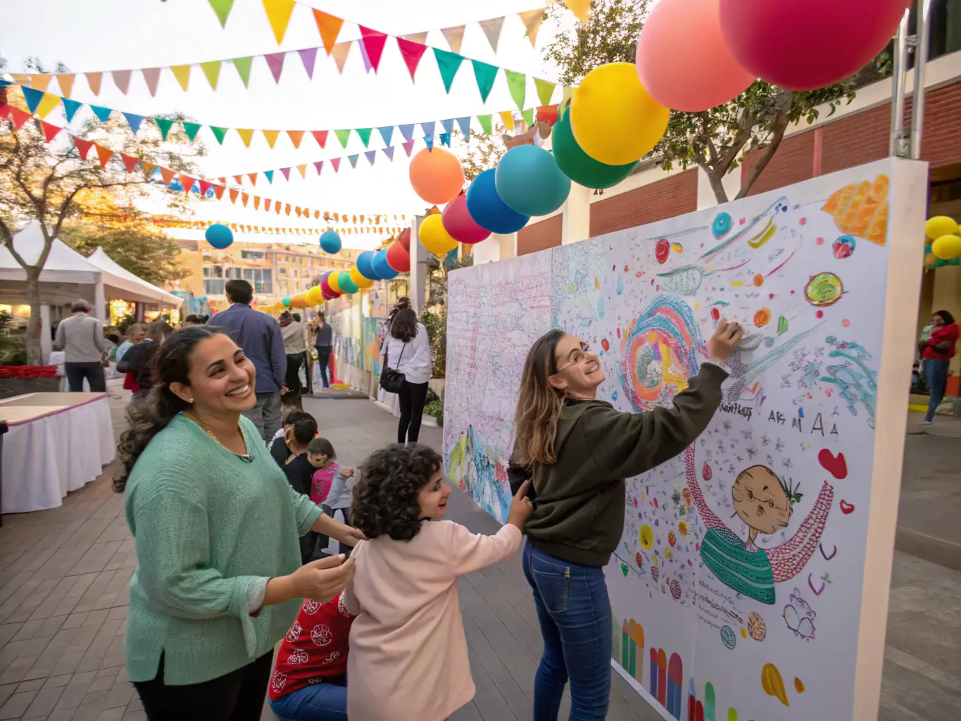 A vibrant community art workshop with participants creating and displaying artwork, highlighting the creative and community-building aspects of NEW DREAM COTE D'AZUR's cultural and artistic initiatives.