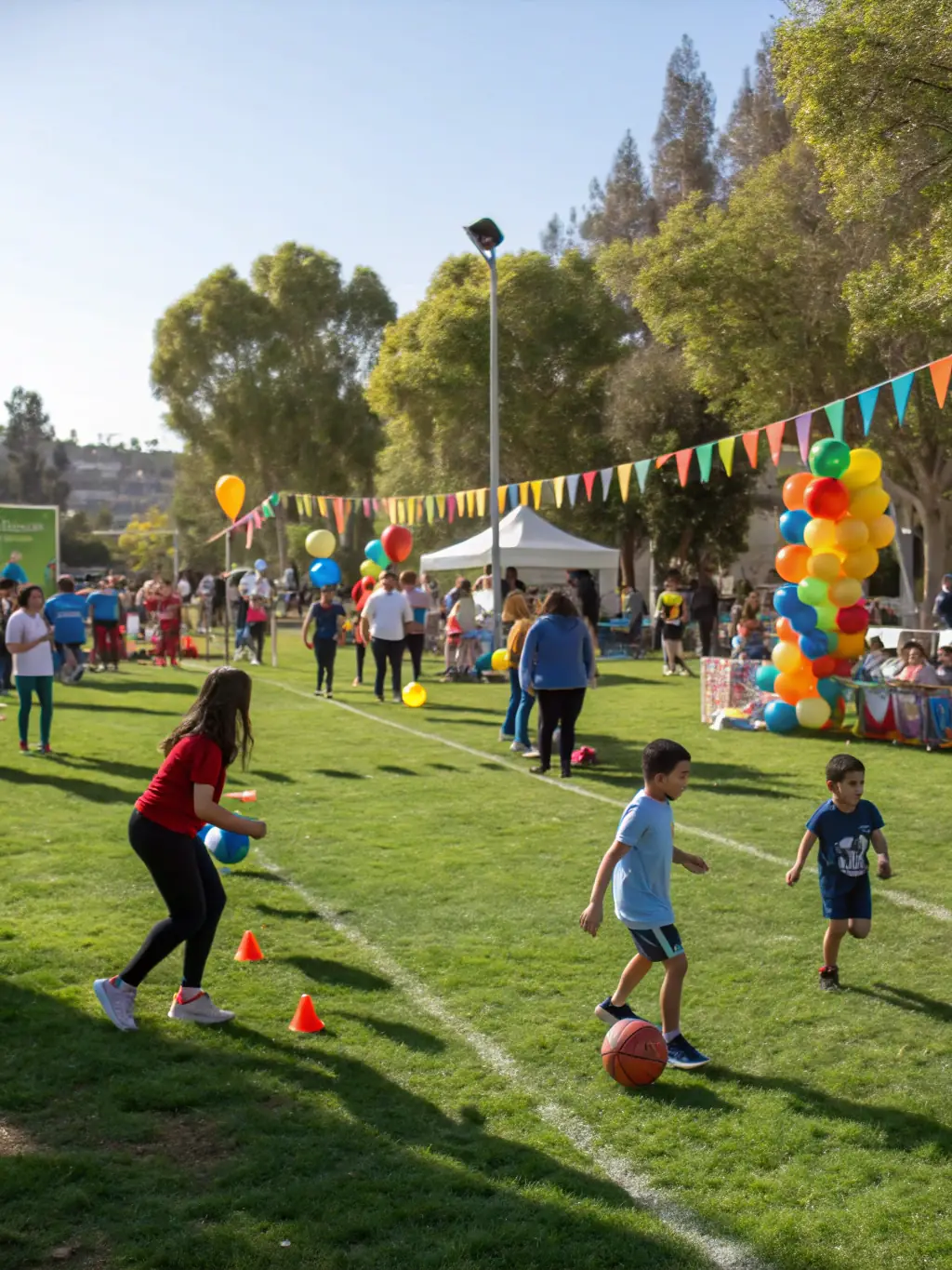 A diverse group of people participating in a community sports day organized by NEW DREAM COTE D'AZUR, emphasizing inclusivity and fun.